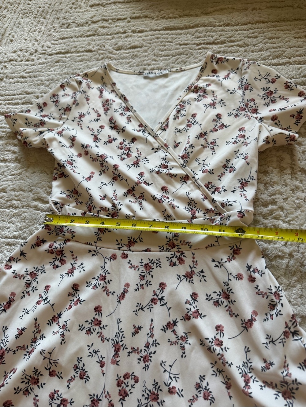 Floral Wrap-Style Cream Dress with Burgundy & Black Print - Picture 4 of 5